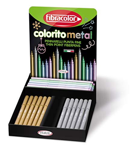 FIBRACOLOR - Bunte Metallic Fineliner mit Metallic Tinte, Display 12 Stück Gold, 12 Stück Silber, 6 Stück je rosa, grün, hellblau, violett