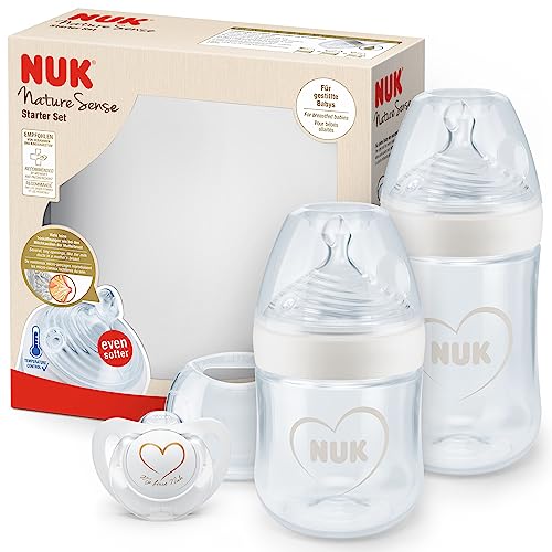 NUK Nature Sense Babyflaschen Starter Set | 0–18 Monate | 2 x Anti-Colic-Babyflaschen & Genius Schnuller | BPA-frei | grau & weiß | 4-teilig