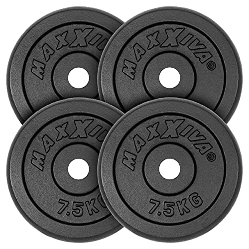 MAXXIVA Hantelscheiben 4 Set Gewichtsplatte je 7,5 kg Gusseisen schwarz 30 kg Fitness Krafttraining Bodybuilding Workout Gewichtheben Reha