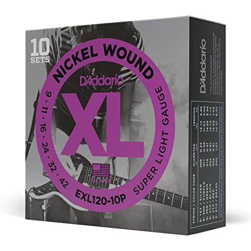 D'Addario EXL120-10P vernickelte Stahlsaiten für E-Gitarre .009 - .042 Super Light (10er Pack) Sparpack