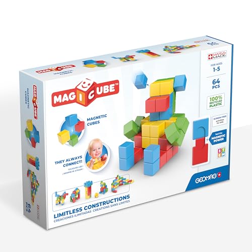 Geomag - Magicube 1+ Full Color - Magnetische Würfel für Kinder - 4 Farben - 64 Blöcke - 1-5 Jahre - 100 % Recyceltes Plastik