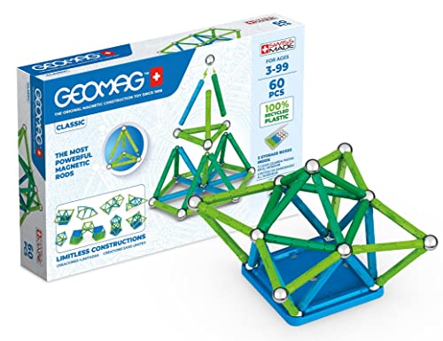 Geomag Classic - 60 Teile - Magnetisches Konstruktionsspielzeug für Kinder - Green Line - Lernspiel aus 100% Recyclingkunststoff