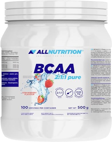 ALLNUTRITION BCAA Max Support Pulver/Kapseln Komplex aus verzweigtkettigen Aminosäuren Glutamin Taurin Leucin Valin Isoleucin Muskelregeneration 500 g Erdbeere