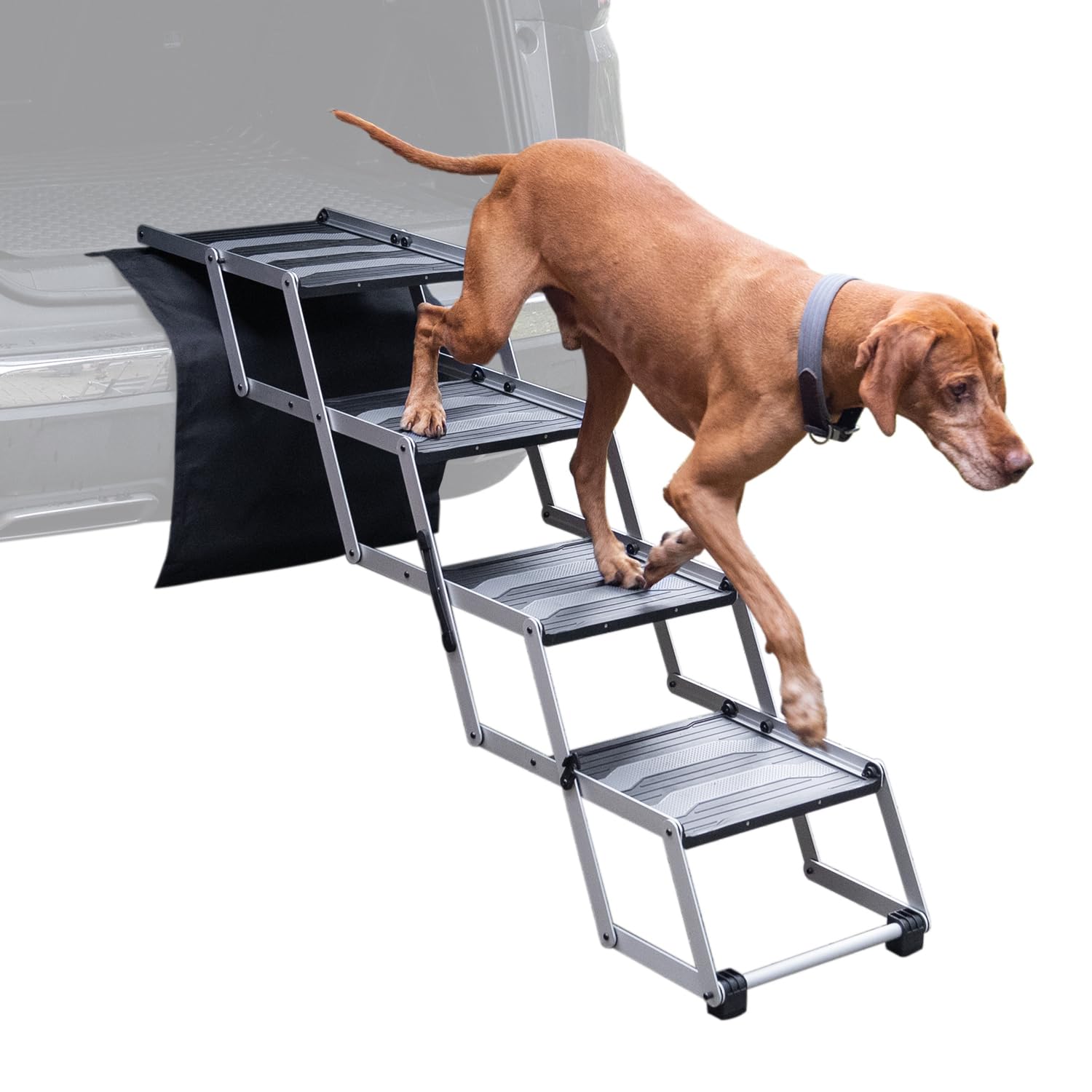 VOSS.PET Faltbare Hundetreppe, 4-stufige Kofferraumtreppe, Gelenkschonende Auto-Treppe, Einstiegshilfe für Hunde aus Aluminium mit Schutzmatte