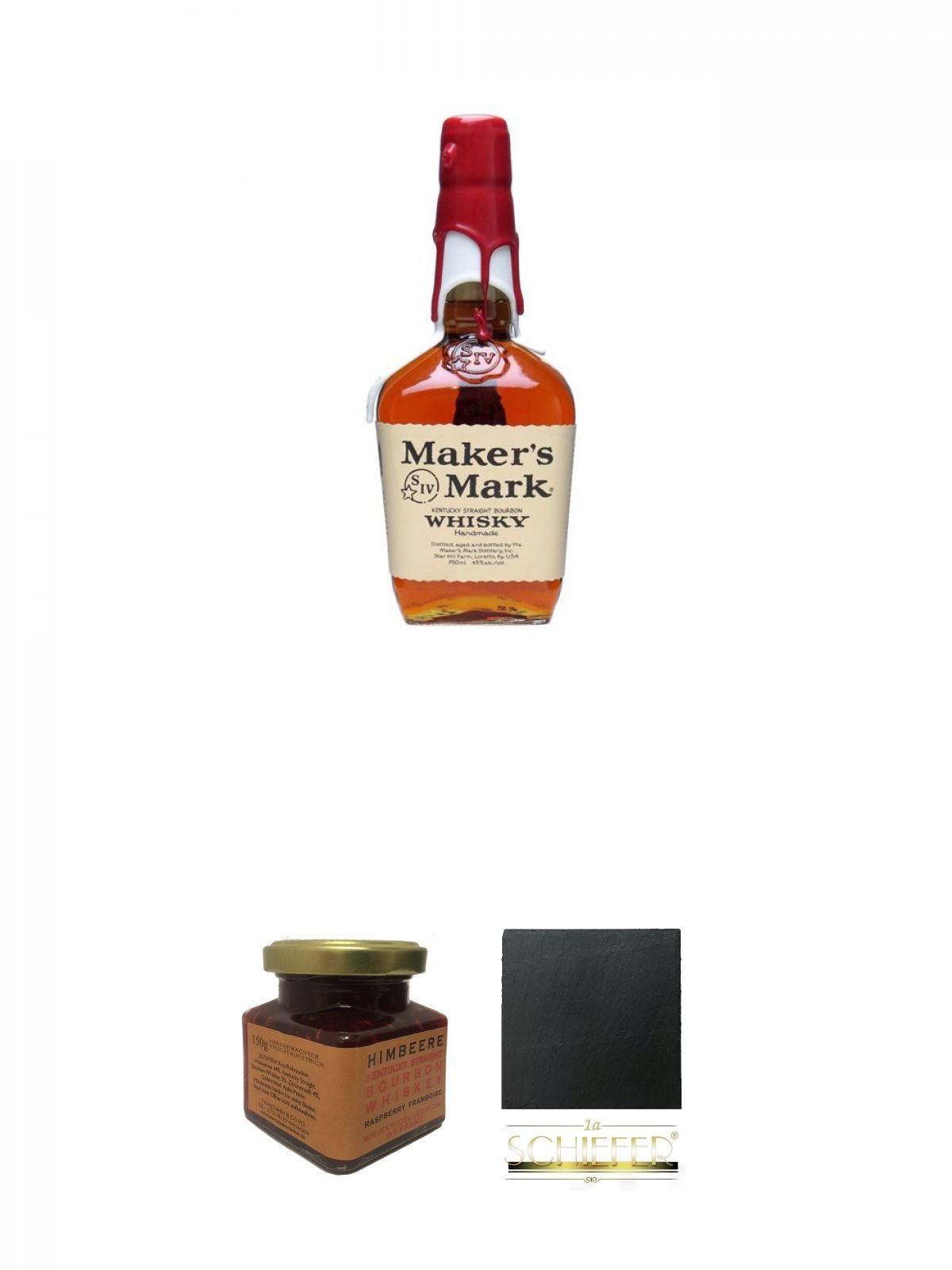 Makers Mark Red Seal Bourbon Whiskey 1,0 Liter + Kentucky Bourbon Himbeer-Marmelade 150 Gramm Glas + Schiefer Glasuntersetzer eckig ca. 9,5 cm Durchmesser