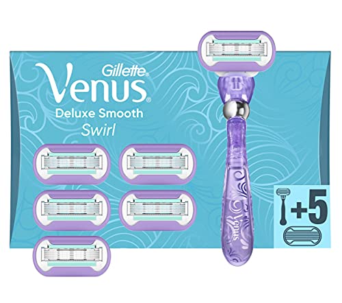 Gillette Venus Deluxe Smooth Swirl Rasierer Damen, Damenrasierer + 6 Rasierklingen mit 5-fach Klinge