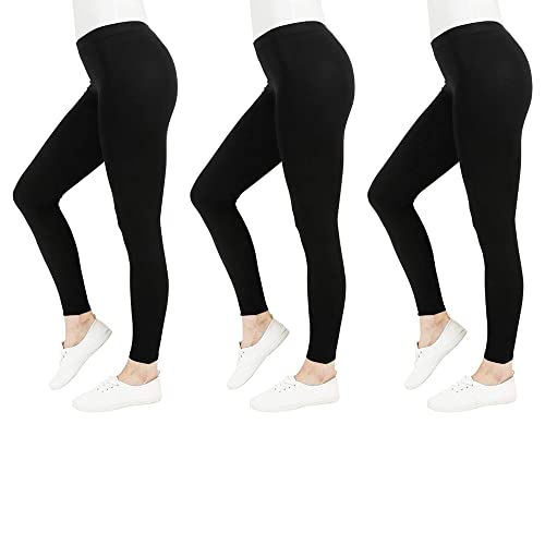 FM London, 3er-Pack Damen-Leggings, undurchsichtig, ideal für Freizeitkleidung, elastisch, Stretch Fit, Schwarz.