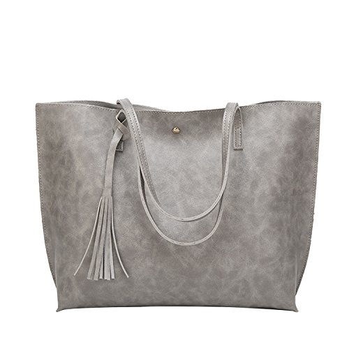 PB-SOAR Damen Mädchen Elegant Shopper Schultertasche Ledertasche Schulterbeutel Henkeltasche Handtasche Einkaufstasche aus Kunstleder (Grau)