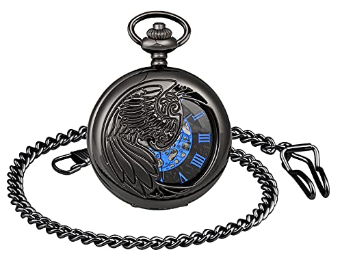 SUPBRO Damen Herren Taschenuhr Adler Analog Mechanische Kettenuhr Uhr Pocket Watch mit Halskette Pullover Kette Schwarz