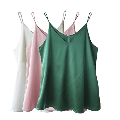 Wantschun Damen Satin Silk Weste Bluse Tank Tops Shirt Cami Spaghetti Träger Camisole Vest V-Ausschnitt S Grün+Rosa+Weiß