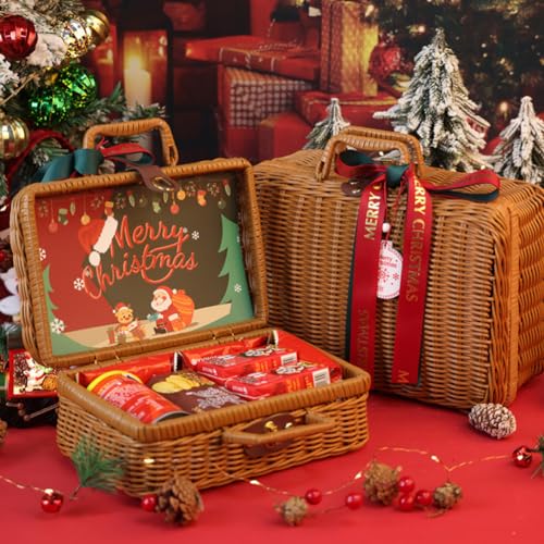 Ins Style Vintage Weihnachts-Rattan-Geschenkbox, tragbar, Hochzeitsbegleiter, Geschenkbox, Bambus, Neujahrs-Geschenkbox, leere Box, geeignet für verschiedene Festivals (5,30 x 21 x 12 cm)