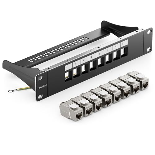 deleyCON 8 Port Patchpanel Set Patchfeld Modular 1 HE 10" Zoll Rackeinbau + 8x RJ45 Keystone Module CAT6a Kompatibel mit CAT5 CAT6 CAT7 LAN Netzwerkkabel Verlegekabel Schwarz