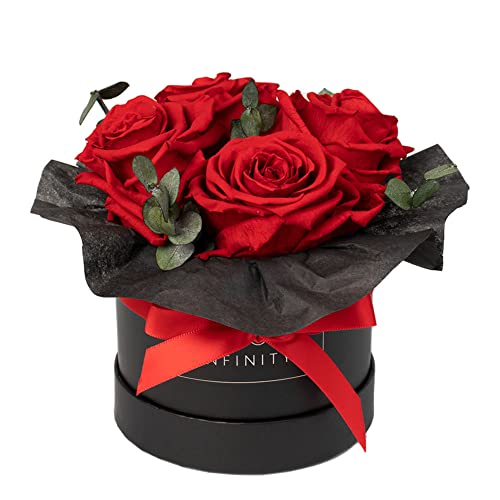 Infinity Flowerbox - Eucalyptus Bouquet Rot - Konservierte Rose in Geschenkbox, blüht 3 Jahre ohne Wasser