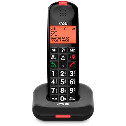 SPC Comfort Kairo - Schnurloses Telefon für Senioren mit großen Tasten, verstärktem Ton, hörgerätekompatibel, Anrufsperre, Lichtsignal und 2 Direktspeichern – Schwarz
