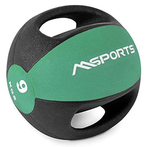 MSPORTS Medizinball Premium mit Griffe 1 – 10 kg – Professionelle Studio-Qualität Gymnastikbälle (9 kg - Smaragdgrün)