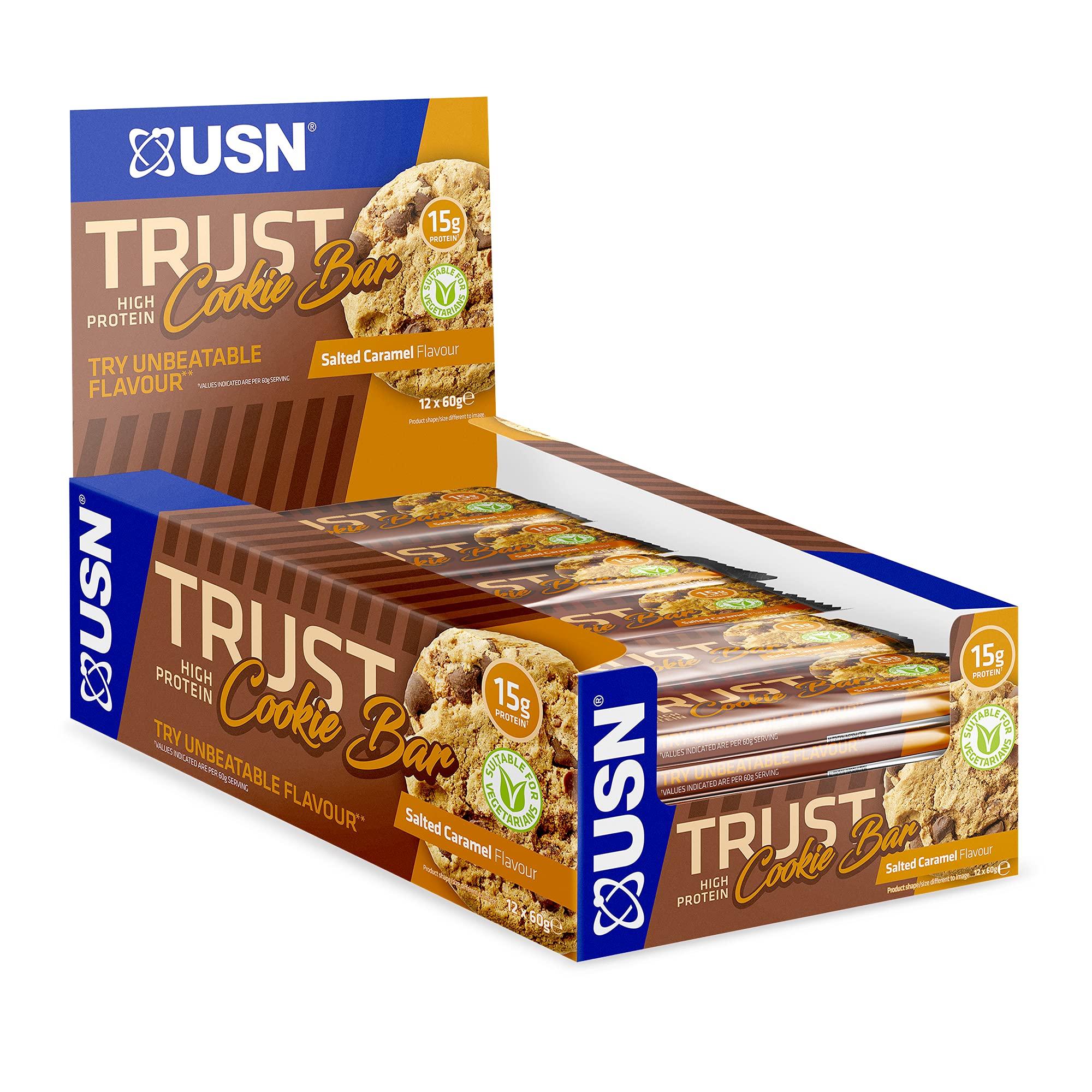 USN Trust Crunch Protein Riegel, Salted Caramel, 12 x 60g, der leckere und sättigende Snack für die Hosentasche, gesalzenes Karamell, 15g Protein