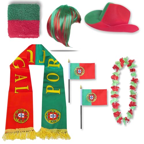 Sonia Originelli Fan-Paket Portugal WM EM Fußball Schal Hawaiikette Hut Schweissband Fahne Perücke