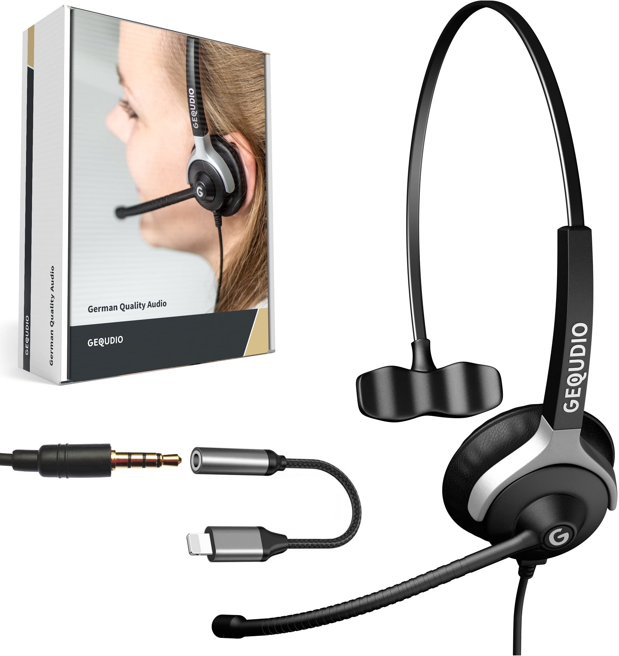 GEQUDIO Headset mit 3,5mm Klinke und Kabel-Adapter kompatibel für iPhone -14-13 -12-11 -X -XS -8-7 -SE (Pro/Max) - Kopfhörer & Mikrofon mit Ersatz Polster - leicht 60g (1-Ohr)