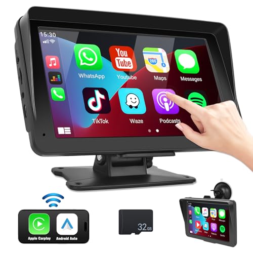 7-Zoll Portable Carplay Display mit Android Auto Spiegel Link Bluetooth Musik Portable Touchscreen Auto Stereo Stehen/Saugnapf für LKW RV Auto Camper+32G TF Karte