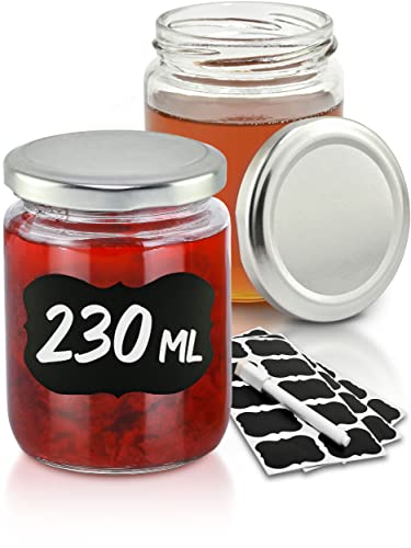 Praknu 25 Marmeladengläser 230 ml mit Deckel - Mit Etiketten & Stift - Luftdicht - Spülmaschinenfest - Ideal zum Verschenken