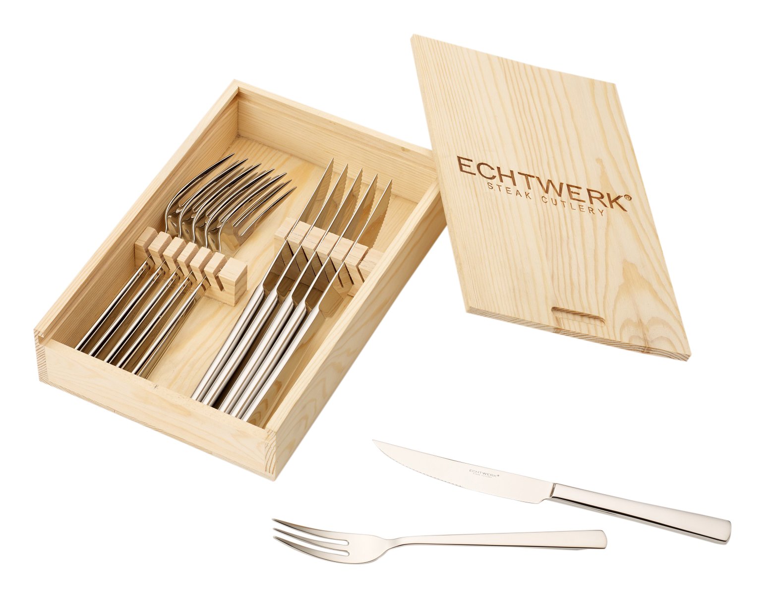 Echtwerk Steakbesteck "SARRE ", 12-teilig, Steakgabel, Steakmesser, Grillbesteck, Pizzabesteck, scharfe Messer, Edelstahl 18/10 poliert Inkl. Holzkassette Besteck Set, Edelstahl, 25.7x16.7x7.5 cm