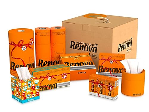 Renova Komplettsets - Multipacks - Wählen Sie Ihre Lieblingsfarbe - Kosmetiktücher - Taschentücher - Servietten - Küchenrollen - Toilettenpapier (Denke orange Pack)