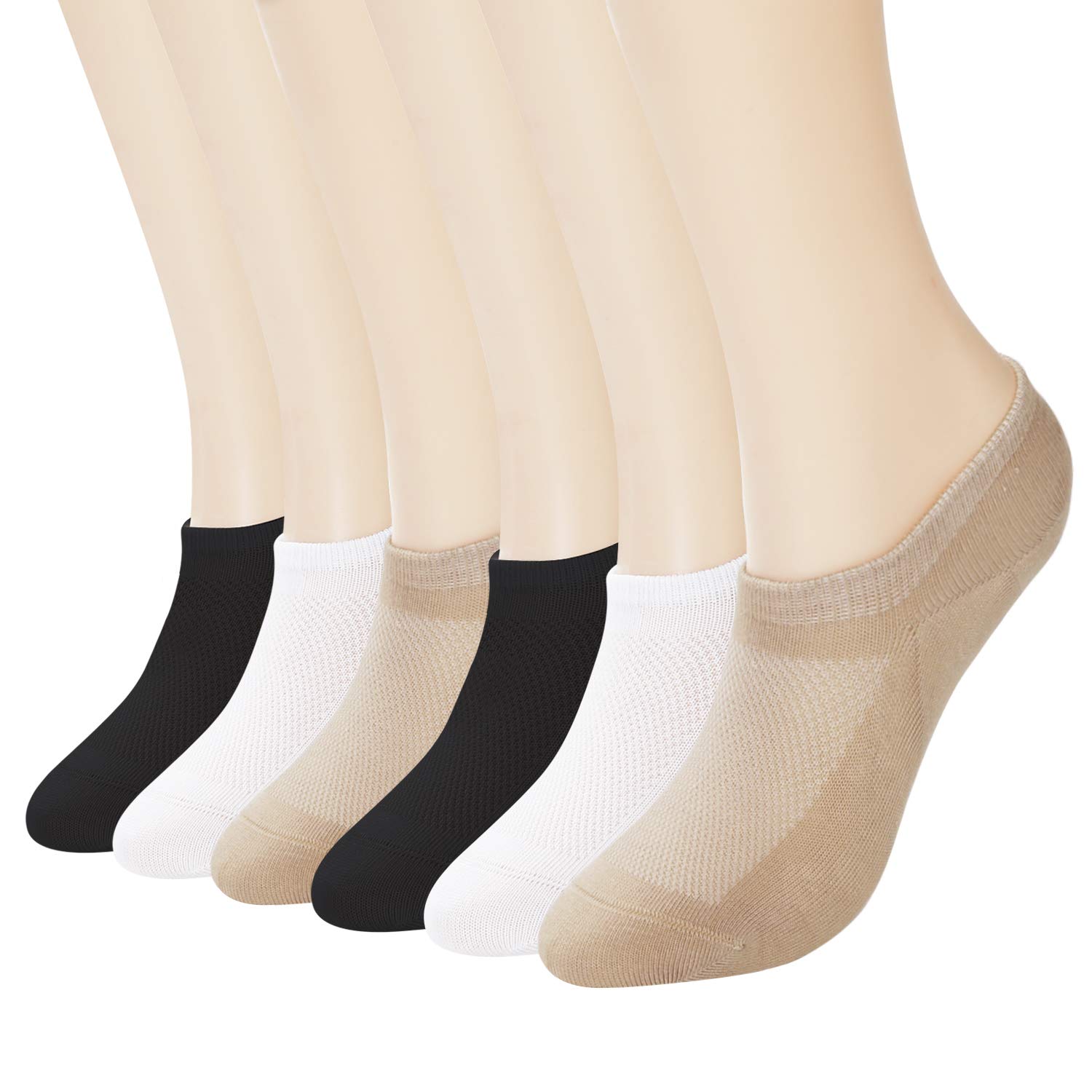 +MD 6 Paar Viskose Sneaker Socken Atmungsaktiv Damen Unsichtbar Kurzsocken für Loafers Boots Schuhe 2Schwarz2Weiß2Nude 39-42EU