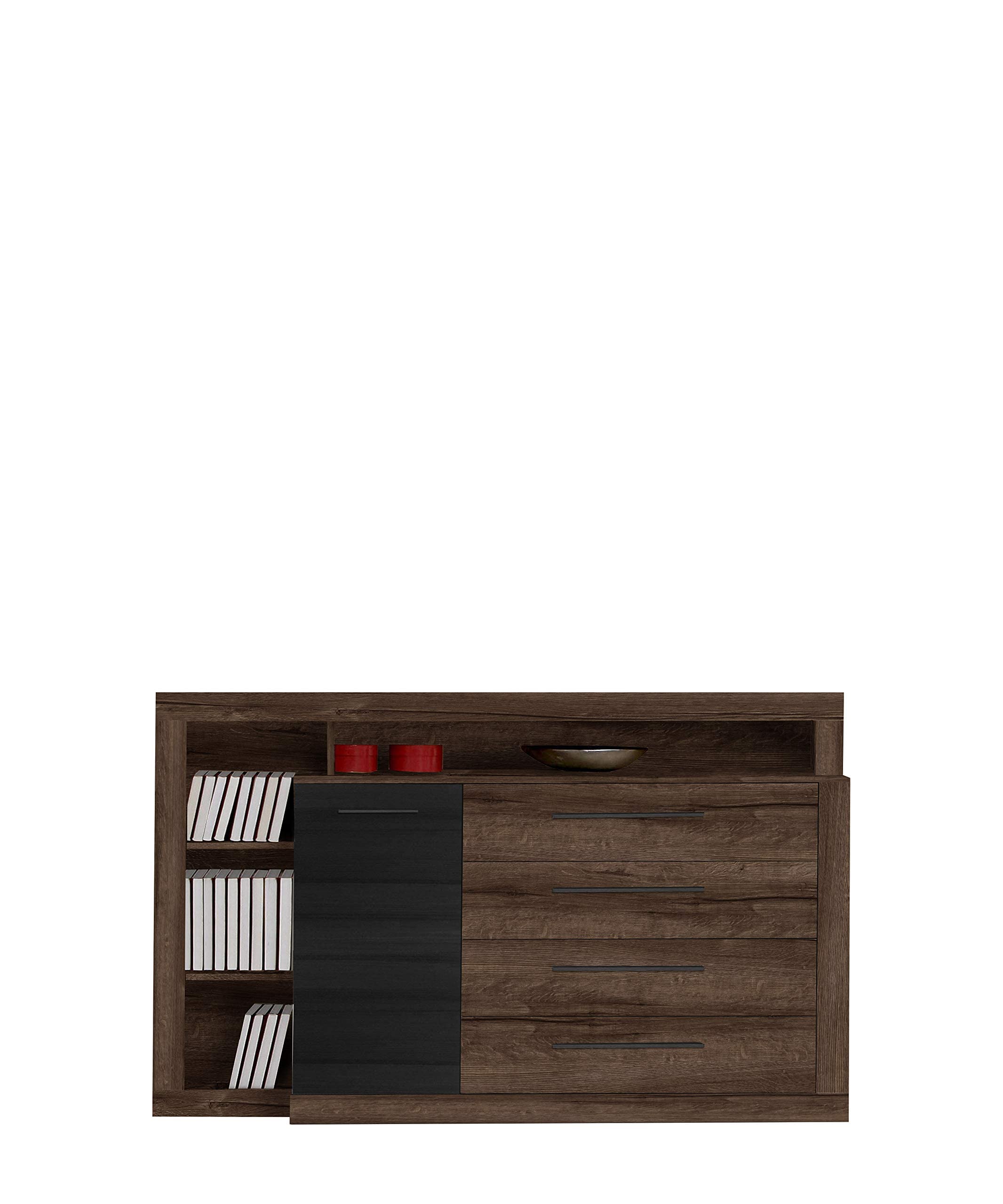 FORTE Bellevue Kommode mit 1 Tür und 1 Schublade, Holzwerkstoff, Schlammeiche kombiniert mit Schwarz Eiche, 43,4 x 160,5 x 107,3 cm