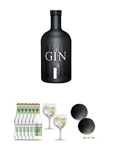 Black Gin Gansloser Deutschland 0,7 Liter + Fever Tree Elderflower Tonic Water 6 x 0,2 Liter + Spiegelau Gin & Tonic 4390179 2 Gläser + Schiefer Glasuntersetzer RUND ca. 2 x 9,5 cm Durchmesser
