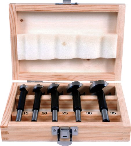 Projahn Maschinen-Forstnerbohrer-Kassette ECO 5-tlg. (punktgenaue, splitterfreie Bohrungen in Holz, mit Zentrierspitze, 2 Hauptschneiden und Umfangschneide; Ø 15 – 20 – 25 – 30 – 35 mm) 33001-1