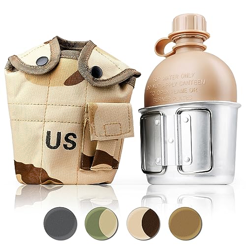 Ganzoo Feldflasche 1 Liter inkl. Trinkbecher (Kochbehälter) aus Aluminium, Bundeswehr-Flasche/Alu Travel Bottle Camouflage + Stofftasche in Desert-Camo
