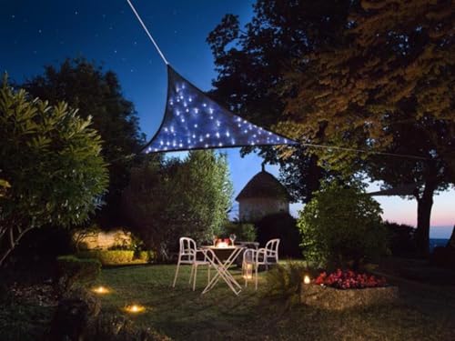 Perel LED Sky Sonnensegel mit Led-Sternenhimmel - Dreieckig - 3.6 X 3.6 X 3.6 M Dämmerungssensor Solarmodul Wasser- und Windabweisend Dunkelblau