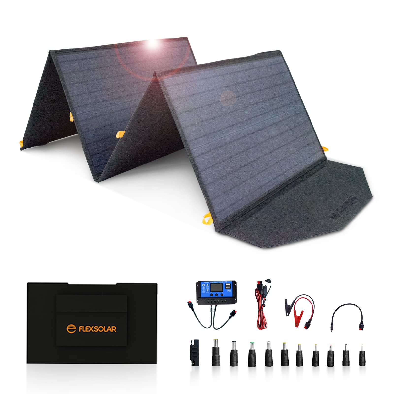 FlexSolar 120 W faltbares Solarpanel-Kit mit Solarregler, tragbares Solarladegerät für den Außenbereich mit USB-/Typ-C-Ausgängen des Reglers für Wohnwagen, Wohnmobile, Kraftwerkshandys