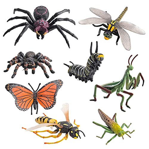 Greatideal Simuliertes Insektenmodell, Realistische Insektenfigur Gefälschte Mantis Heuschrecke Schmetterling Spinne Raupe Libelle Wespe für Tiersammlung 8 Stück