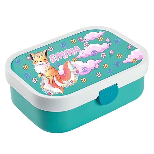 Ferocity Personalisierte Brotdose mit Namen Große und praktische Brotdose für Kinder Wunderschöne Lunchbox für Mädchen und Jungen mit verschiedenen Motiven Fuchs Fox Clouds [087]