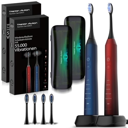 Tristan Auron Schallzahnbürste Doppelpack 55000 VPM + UV Case - 60 Tage Akku - 5 Putzmodi - Wasserdicht - Ladegerät für elektrische Zahnbürste (rot/blau)