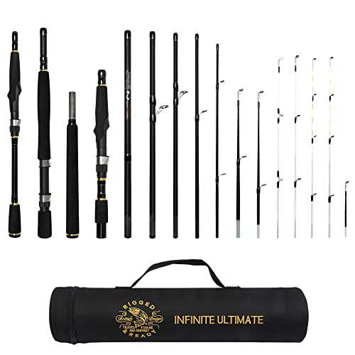Rigged and Ready Infinite Ultimate – 25-in-1Baitcast-Spinning-Fly Reise-Angelrute, Limited Edition, 25 Angeloptionen, max. 280 cm, min. 107 cm, Cast-Spin Trigger 7 Spitzen 3 Griffe. - Schlauch