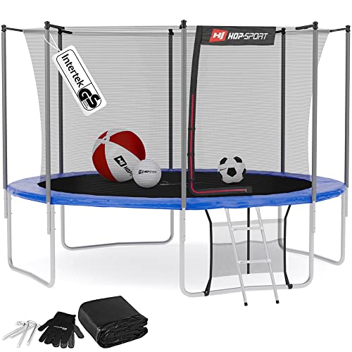 Hop-Sport Gartentrampolin Outdoor Trampolin 244, 305, 366, 430, 490 cm Komplettset inkl. Innennetz Leiter Wetterplane Bodenhaken 366cm