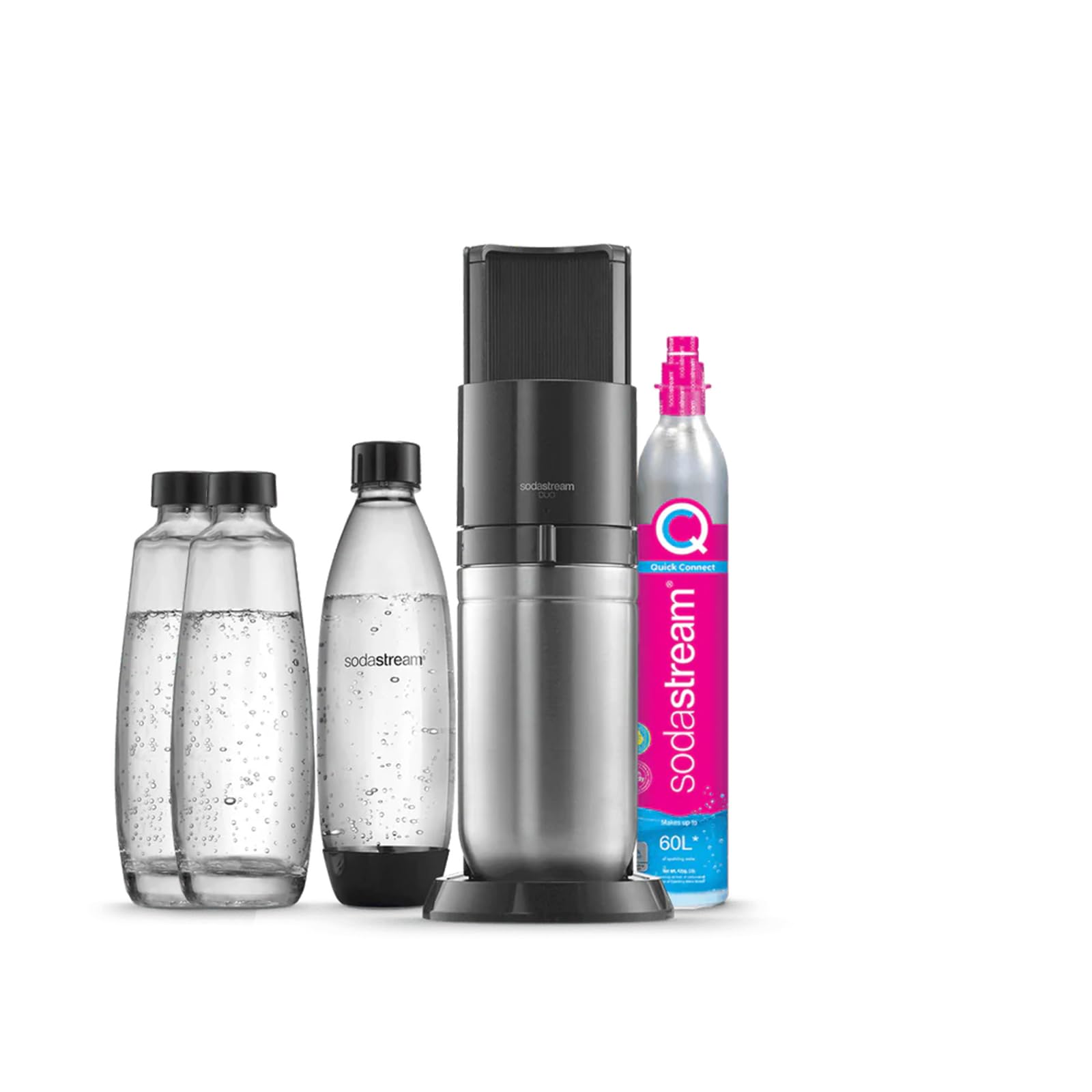 SodaStream Wassersprudler DUO Vorteilspack mit 1x Quick-Connect CO2-Zylinder, 2x 1L Glasflasche und 1x 1L spülmaschinenfeste Kunststoff-Flasche, Höhe: 44cm, Farbe: Titan