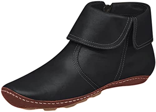 QAZW Damen Flache Stiefeletten Lässige Einfarbige Runde Spitze Gepolsterte rutschfeste Reißverschluss Leder Kurze Stiefeletten Bequeme Leichte Moderne Schuhe,S-39(EU)