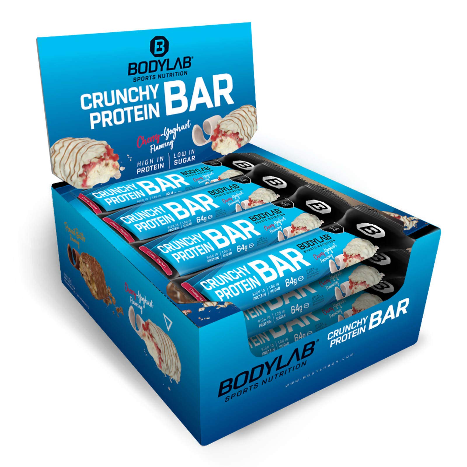 Bodylab24 Crunchy Protein Bar Cherry Joghurt 12 x 64g Vorratsbox, knuspriger Protein-Riegel mit Schokoladenüberzug, mit 20g Eiweiß pro Riegel, High-Protein Low-Sugar, Eiweiß-Riegel mit wenig Zucker