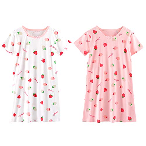 LPATTERN Kinder Mädchen Süß Nachthemd Baumwolle Nachtwäsche Nachtkleid Schlafanzug Sleepwear mit Kurzarm, Weiß Rosa A | Erdbeere 2er Pack, 146(Label: 150)