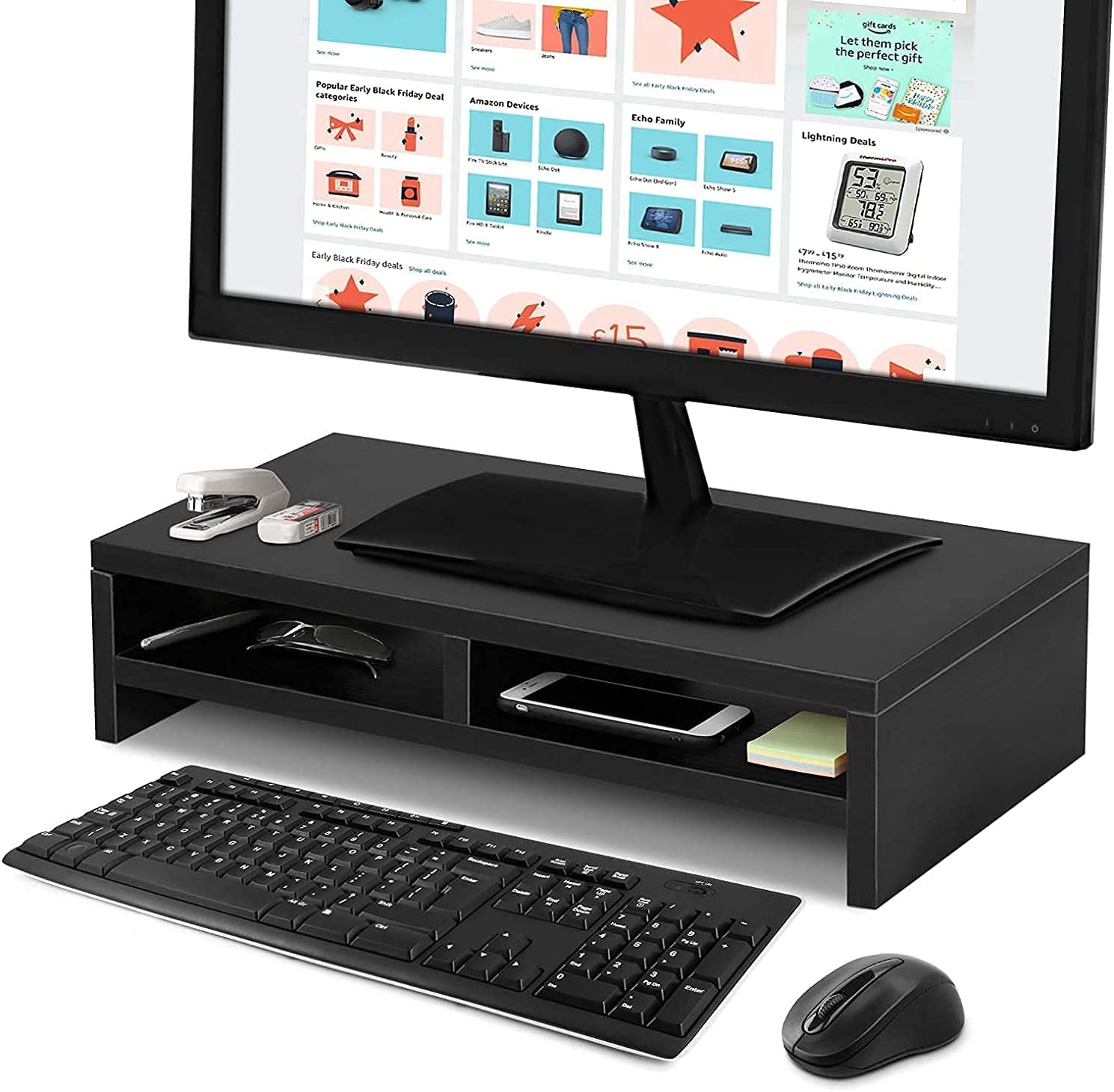 PC Bildschirm Ständer, Desktop Organizer Ständer PC Monitor Ständer Monitorständer mit 2 Etagen aus Holz für Elever Monitor Computer Büro Haus Erhöhung LCD Mac PC Laptop 50 x 20 x 11,7 cm (schwarz)