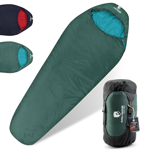Alpin Loacker Ultraleicht Schlafsack kleines Packmaß I 3 Jahreszeiten Schlafsack leicht I Outdoor Schlafsack kompakt zum Camping oder als Reise Schlafsack I 100% Recycelt, Grün rechts Zip
