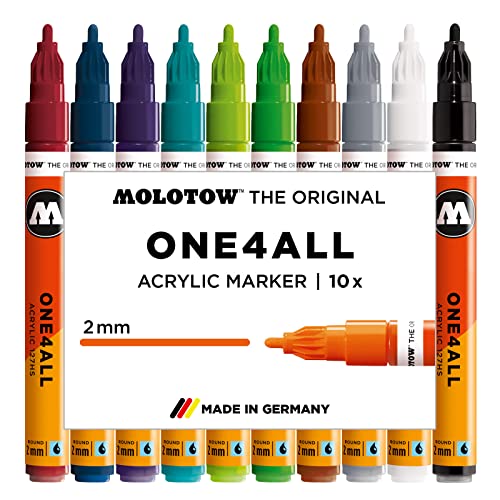 Molotow One4All 127HS Acryl Marker (Basic Set 2, 2mm Spitze, hochdeckend und permanent, UV-beständig, für fast alle Untergründe) 10 Stück sortiert