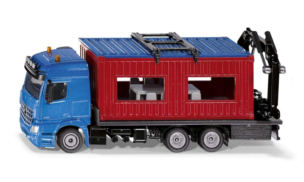 siku 3556, LKW mit Baucontainer, 1:50, Metall/Kunststoff, Blau/Rot, Inkl. Kran zum Abnehmen des Containers