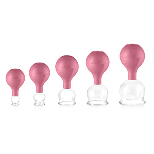 pulox Schröpfglas aus Echtglas 5er-Set inkl. Saugball 25 mm, 32 mm, 40 mm, 52 mm & 62 mm, Pink