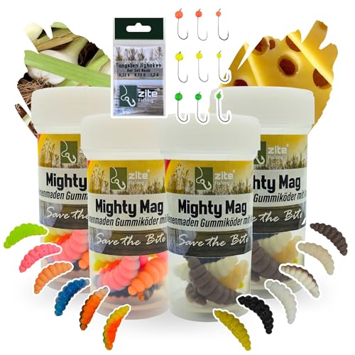 Zite Fishing Mighty Mag Set - 2,8 cm Forellenköder in Natur & Neon - 48 Bienenmadenimitate + 9 Tungsten Jighaken - 100% phthalatfreie Gummiköder - Knoblauch- & Käsearoma