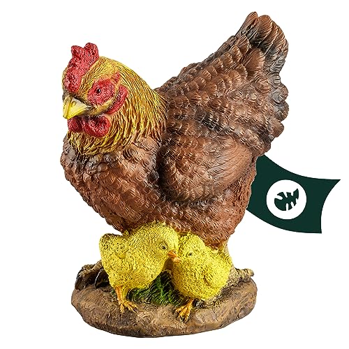 1PLUS Polyresin Huhn Gartenfigur Henne braun mit Küken Gartendekoration Kunstharz Deko-Figur Garten-Deko