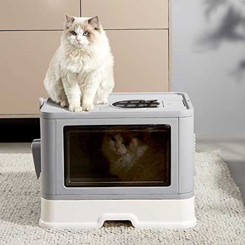 Katzenklo, Katzentoilette mit Deckel, Katzenklo inklusive Schaufel, ausziehbares Tablett, 2 Öffnungen, auslaufsicherer Boden. (B-grau)